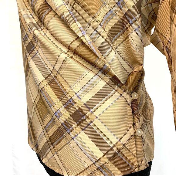 LAUREN Ralph Lauren tan brown plaid check wrap blouse Sz S - Picture 6 of 12